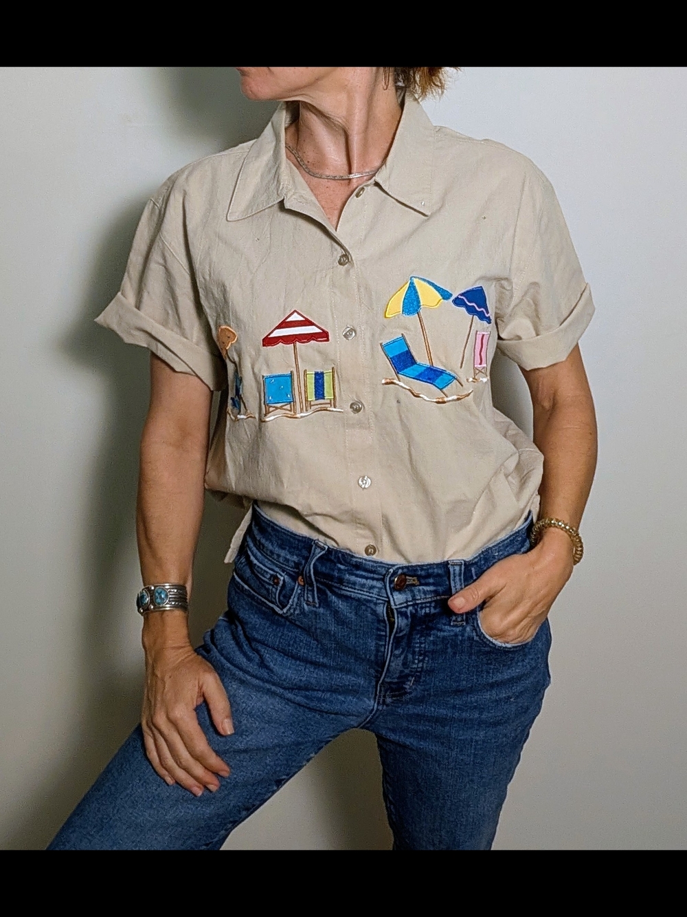 Vintage Bobbie Brooks Embroidered Beach Shirt 90s Y2K Coastal Button Up M